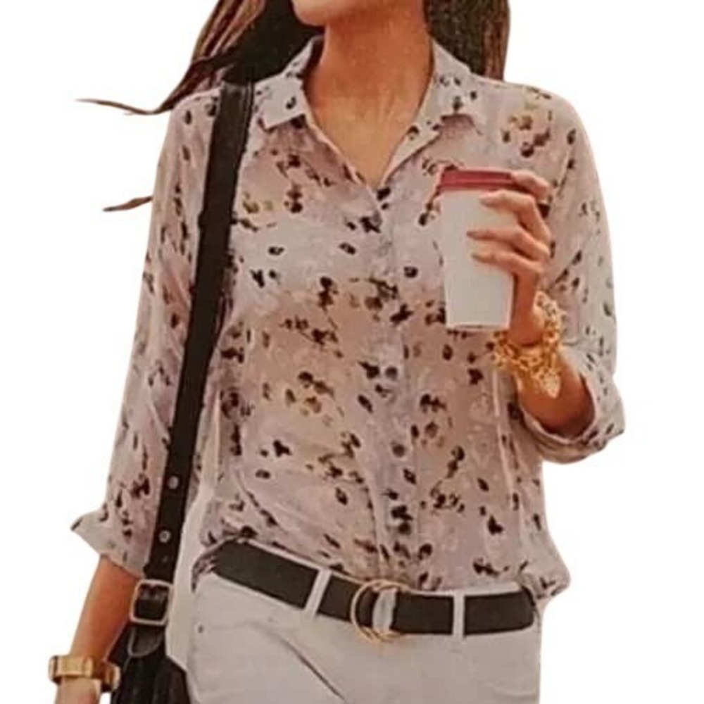CABI women's long sleeve button up collar Matinee blouse gray floral sheer XL